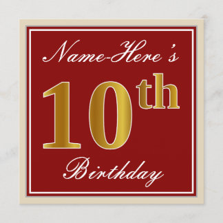 Elegant, rot, Imitate Gold 10. Geburtstag; Individ Einladung
