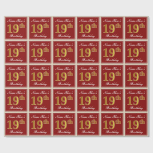 Elegant, rot, Imitate Gold 19. Geburtstag; Individ Geschenkpapier