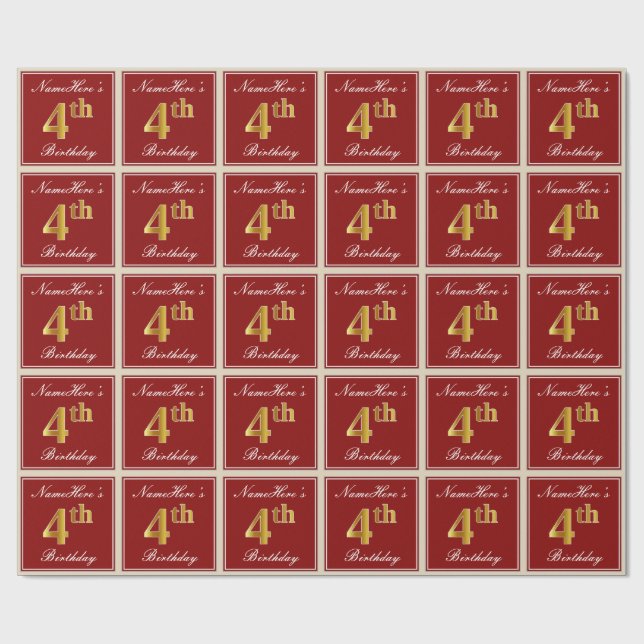 Elegant, rot, Imitate Gold 4. Geburtstag + Individ Geschenkpapier (Flach)