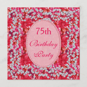 Elegant Rot/Rosa Blüten & Diamanten 75. Geburtstag Einladung