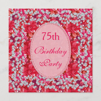 Elegant Rot/Rosa Blüten & Diamanten 75. Geburtstag Einladung