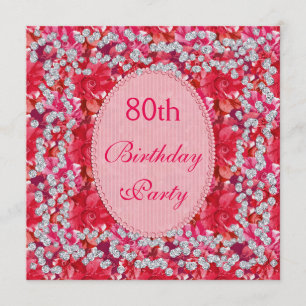 Elegant Rot/Rosa Floral & Diamonds 80. Geburtstag Einladung
