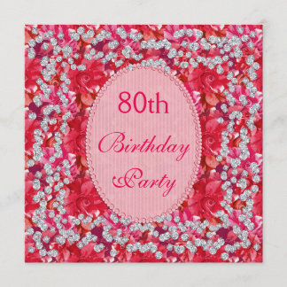 Elegant Rot/Rosa Floral & Diamonds 80. Geburtstag Einladung