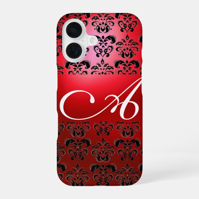 ELEGANT ROT SCHWARZ DAMAST MONOGRAMM iPhone 16 HÜLLE (Rückseite)