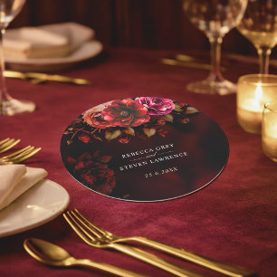 Elegant rot schwarz floral Hochzeit romantisch Runder Pappuntersetzer