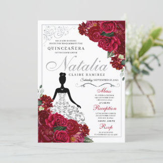 Elegant Rot & Silver Floral Quinceanera Geburtstag Einladung