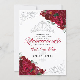 Elegant Rot & Silver Floral Quinceanera Geburtstag Einladung