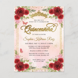 Elegant Rotes Rotes Rosa Gold Tiara Quinceañera Postkarte