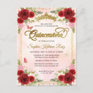 Elegant Rotes Rotes Rosa Gold Tiara Quinceañera Postkarte