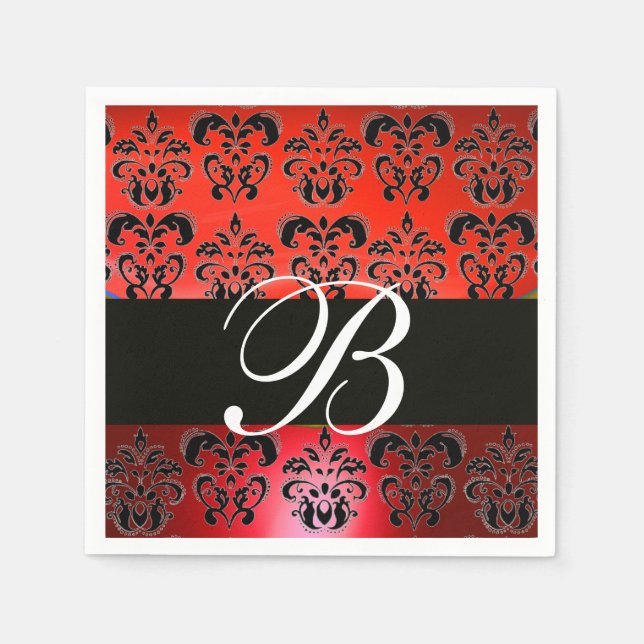 ELEGANT ROTES SCHWARZES DAMASK WEDD MONOGRAM SERVIETTE (Vorderseite)