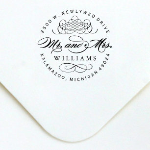 Elegant Round Mr. and Mrs Monogram Rücksendeadress Permastempel
