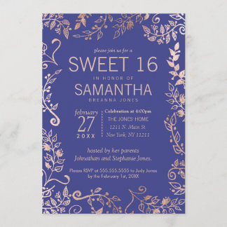 Elegant Roya Blue Rose Gold Floral Sweet 16 Einlad Einladung