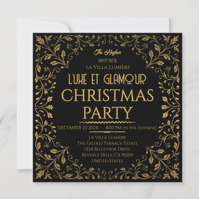 Elegant Royal Black & Gold Christmas Party  Einladung (Vorderseite)