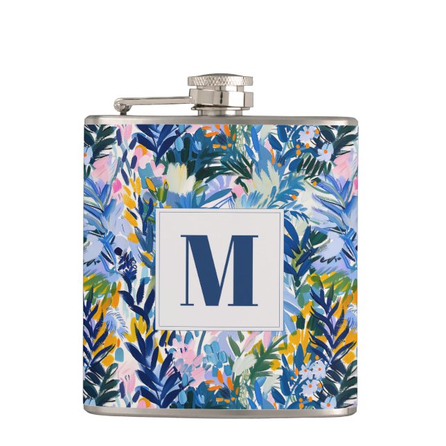 Elegant Royal Blue Abstrakt Botanical Mit Monogram Flachmann (Vorderseite)