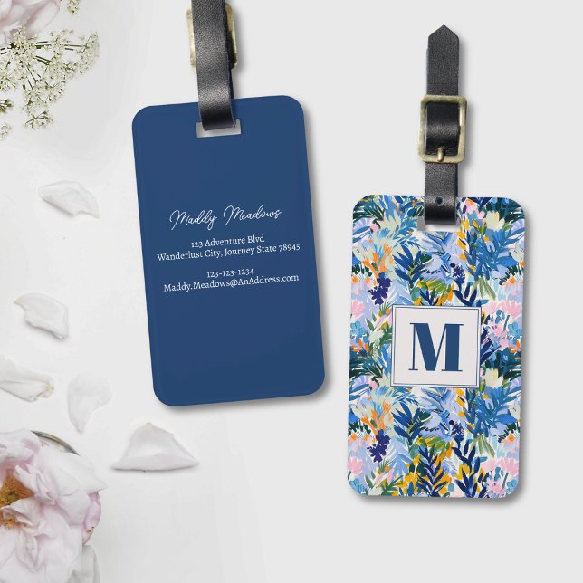 Elegant Royal Blue Abstrakt Botanical Mit Monogram Gepäckanhänger (Monogrammed abstract floral luggage tag)