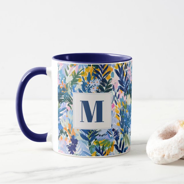 Elegant Royal Blue Abstrakt Botanical Mit Monogram Tasse (Mit Donut)