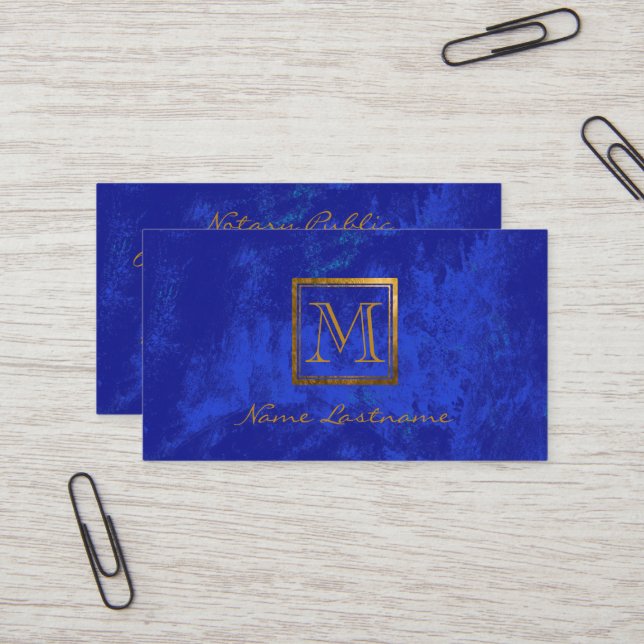 Elegant Royal Blue Abstrakt Gold Monogram Notary Visitenkarte (Vorderseite/Rückseite Beispiel)