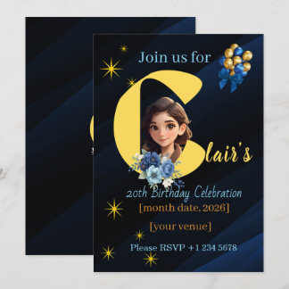 Elegant Royal Blue and Gold 20th Birthday Einladung