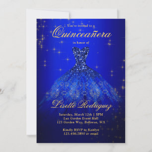 Elegant Royal Blue and Gold Themed Quinceanera Einladung