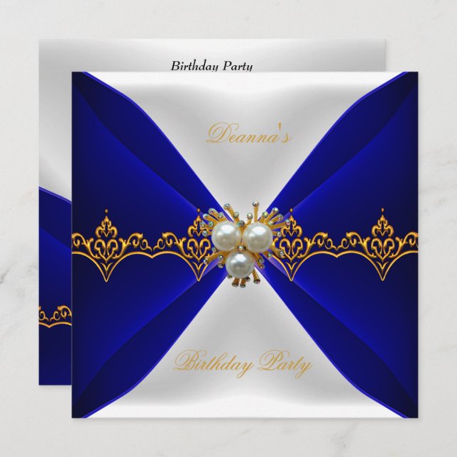 Elegant Royal Blue Birthday Gold Jewel White Silk Einladung (Vorne/Hinten)