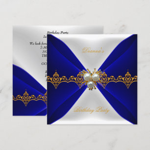 Elegant Royal Blue Birthday Gold Jewel White Silk Einladung