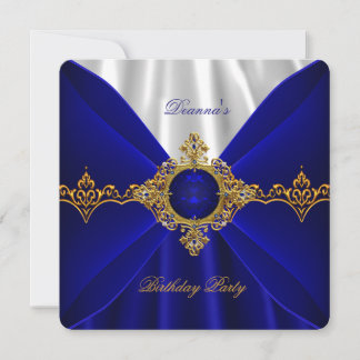 Elegant Royal Blue Birthday Gold Jewel White Silk Einladung