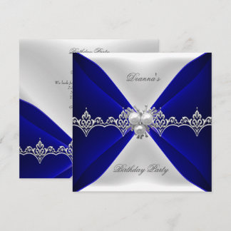 Elegant Royal Blue Birthday Jewel White Silk Einladung
