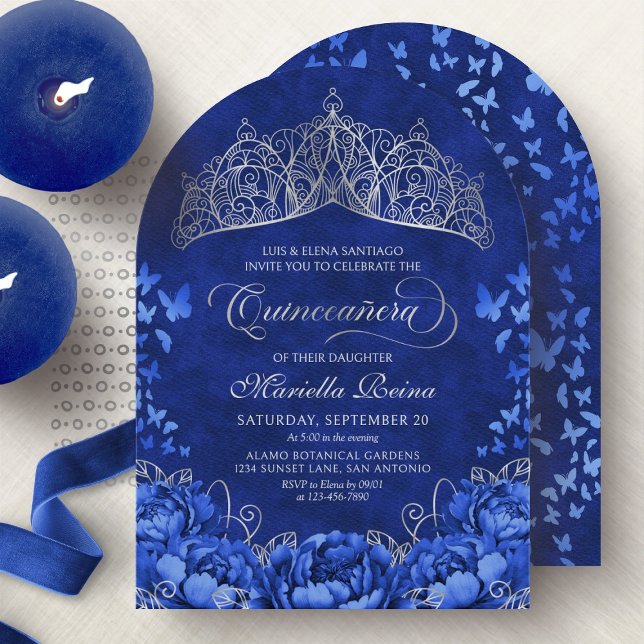 Elegant Royal Blue Butterflies Crown Quinceanera Einladung (Von Creator hochgeladen)