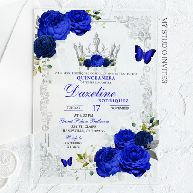 Elegant Royal Blue Crown Quinceanera Acryleinladungen (Von Creator hochgeladen)