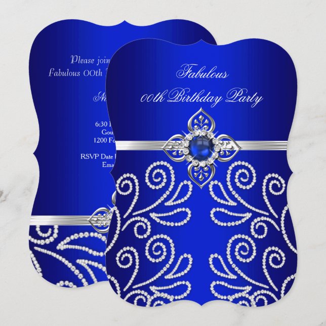 Elegant Royal Blue Diamond Pearl Birthday Party Einladung (Vorne/Hinten)