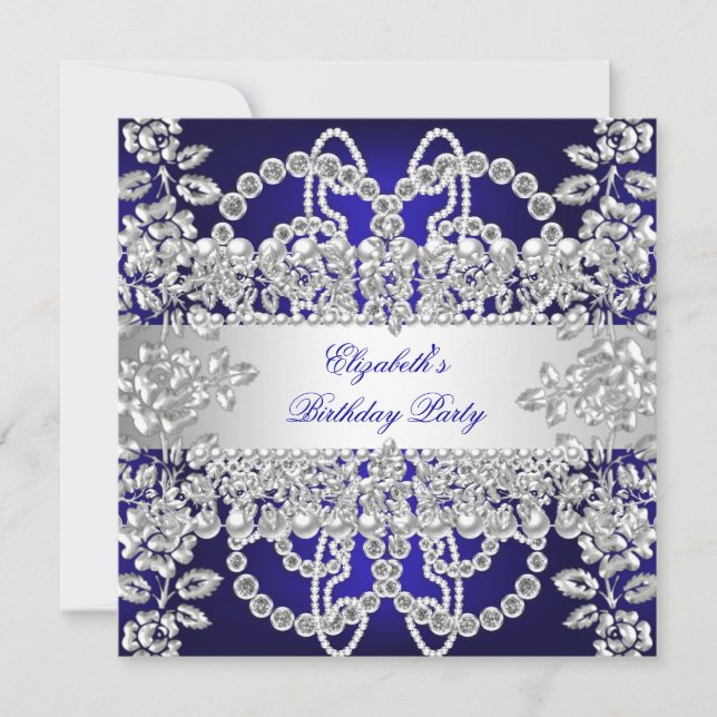Elegant Royal Blue Diamonds Silver Birthday Party Einladung (Vorderseite)