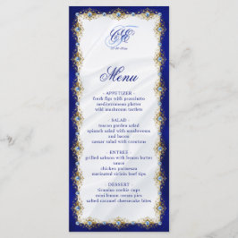 Elegant Royal Blue Floral Monogram Wedding Menükarte