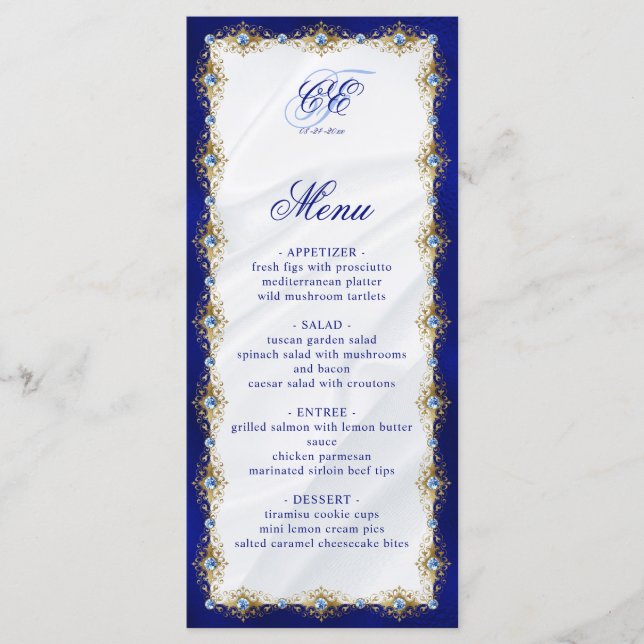 Elegant Royal Blue Floral Monogram Wedding Menükarte (Vorderseite)