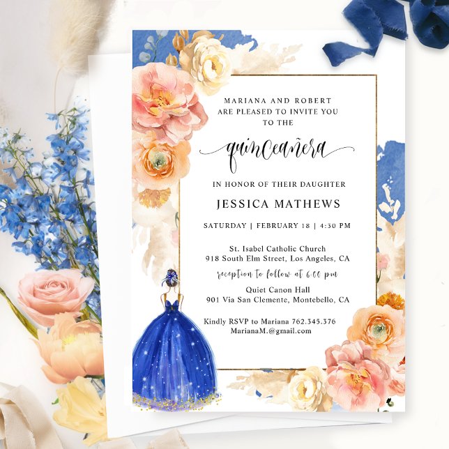 Elegant Royal Blue Floral Princess Quinceañera Einladung (Von Creator hochgeladen)