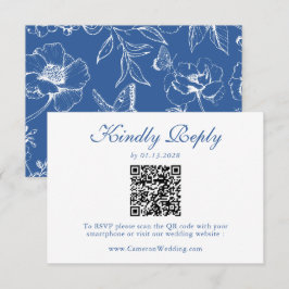 Elegant Royal Blue Floral QR Code Wedding RSVP Karte