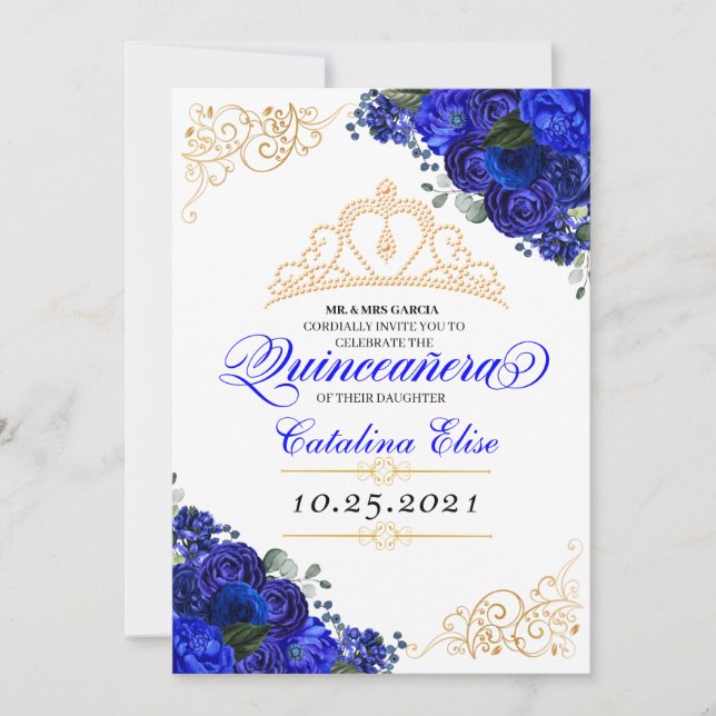 Elegant Royal Blue Floral Quinceanera Birthday Einladung (Vorderseite)