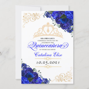 Elegant Royal Blue Floral Quinceanera Birthday Einladung