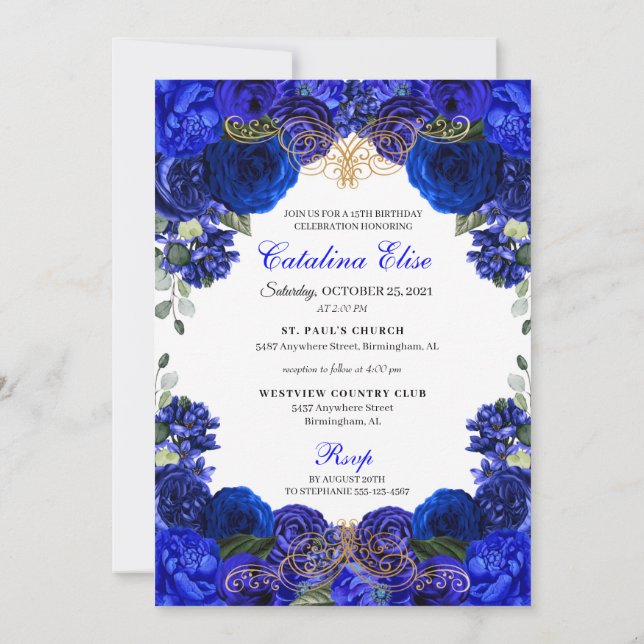 Elegant Royal Blue Floral Quinceanera Birthday Einladung (Rückseite)