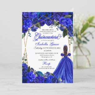 Elegant Royal Blue Floral Quinceanera Birthday  Einladung