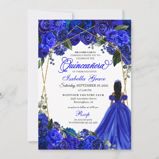 Elegant Royal Blue Floral Quinceanera Birthday Einladung (Vorderseite)