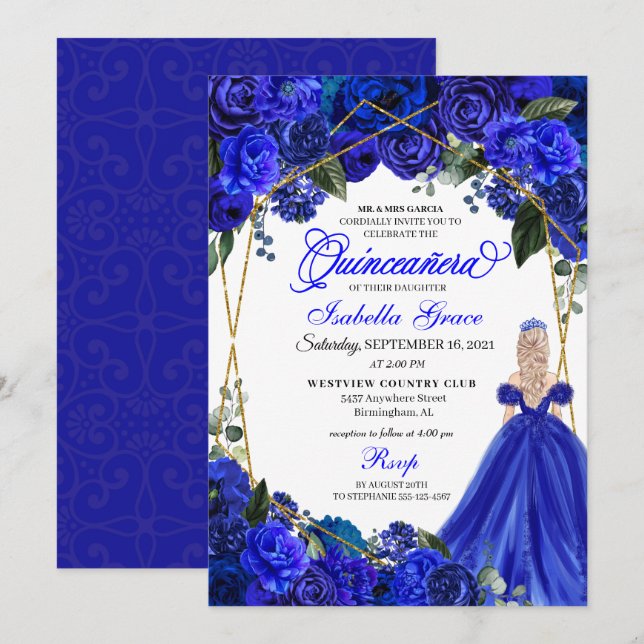 Elegant Royal Blue Floral Quinceanera Birthday Einladung (Vorne/Hinten)