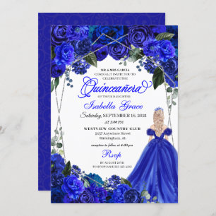 Elegant Royal Blue Floral Quinceanera Birthday Inv Einladung