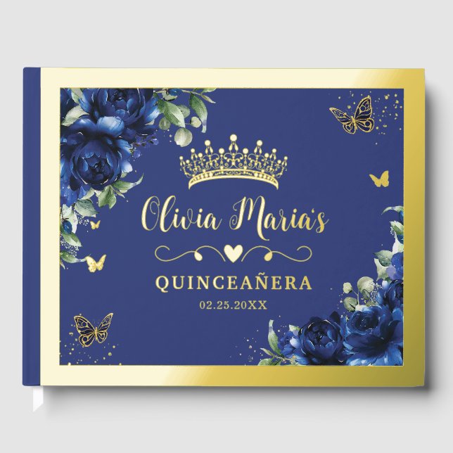 Elegant Royal Blue Floral Quinceanera Sweet 16   Gästebuch (Vorderseite)