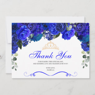 Elegant Royal Blue Floral Quinceanera Vielen Dank Dankeskarte