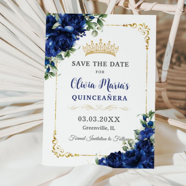 Elegant Royal Blue Flowers Gold Quinceñera 16. Save The Date (Von Creator hochgeladen)