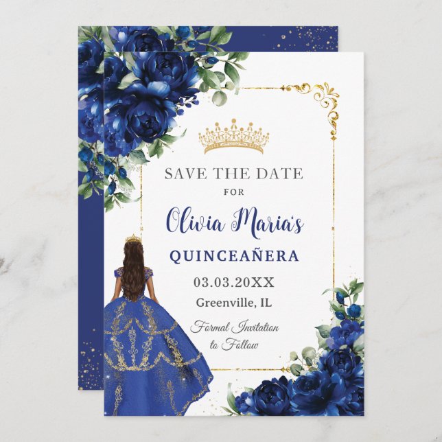 Elegant Royal Blue Flowers Princess Quinceañera  Save The Date (Vorne/Hinten)