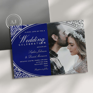 Elegant Royal Blue Foto Wedding Einladung