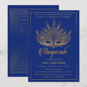 Elegant Royal Blue Glitzer Masquerade Quinceañera Einladung