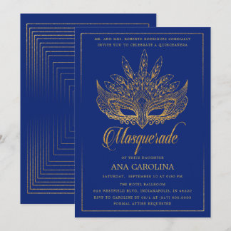 Elegant Royal Blue Glitzer Masquerade Quinceañera Einladung