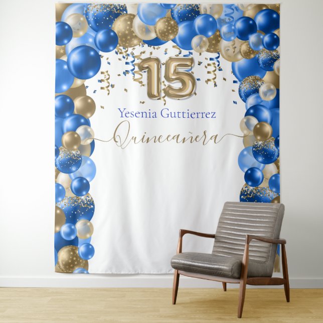 Elegant Royal Blue Gold Balloon Arch Quinceanera Wandteppich (Beispiel)
